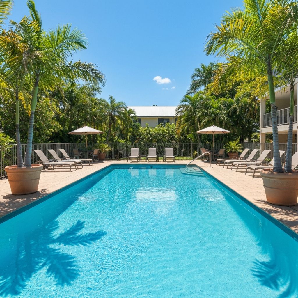 Sparkling outdoor swimming pool surrounded by tropical garden at Chill Grill & Ride Inn